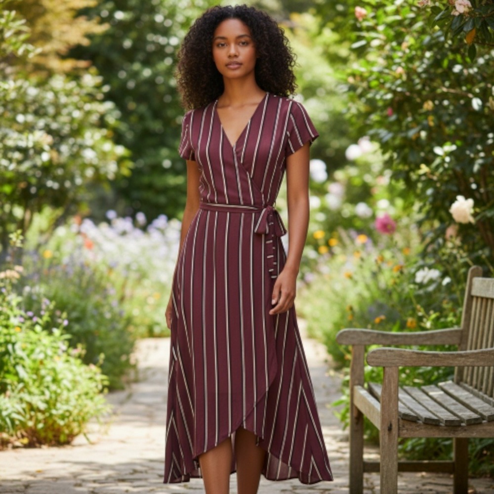 Wilfred Free Striped Wrap Midi Dress Size M Burgundy Tie Waist Asym Hem Aritzia